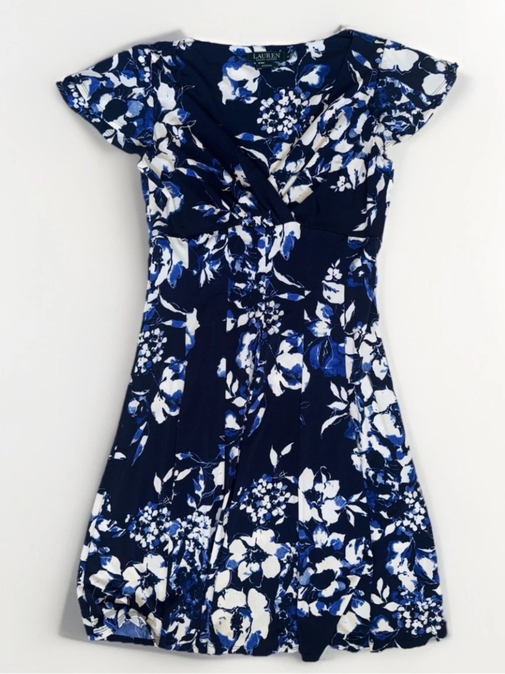 LAUREN Ralph Lauren Blue White Floral Jersey Flutter Sleeve Dress Size 8 Stretch